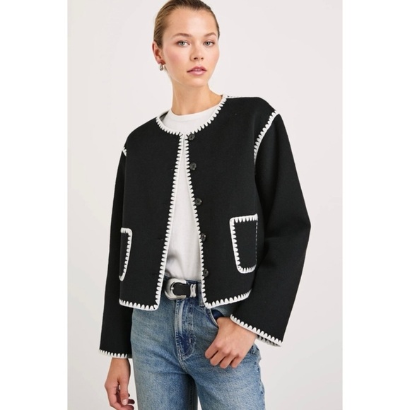 Rails Jackets & Blazers - Rails Melanie Crewneck Whipstitch Wool Blend Cardigan Jacket in Black NEW